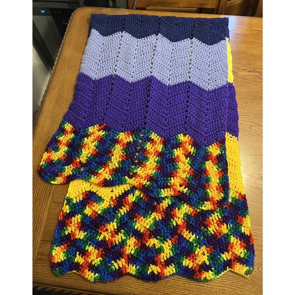 Multicolor Purple & Rainbow Chevron Crochet Knit Blanket Scarf Wrap Handmade - Picture 1 of 9